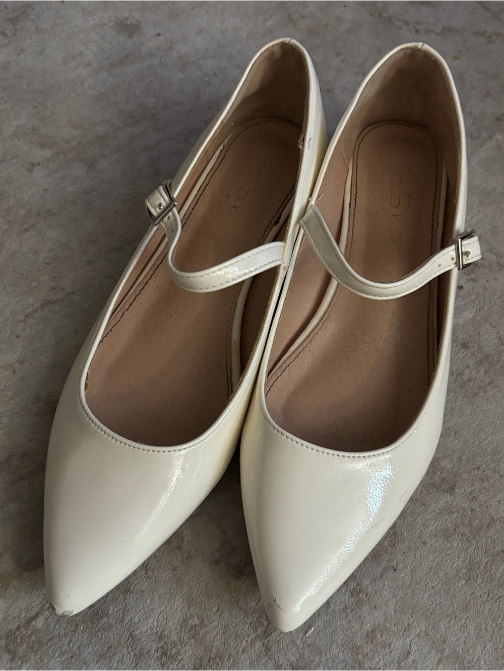 Jimmy Choo Cream Patent Mary Jane Pointed-Toe Flats